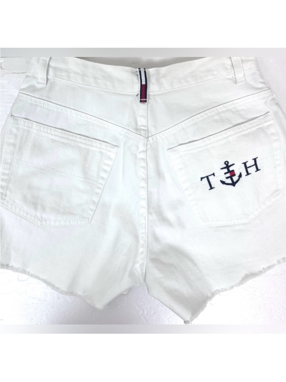 Tommy Hilfiger Y2K Nautical Anchor White Denim High Rise Cut Off Shorts